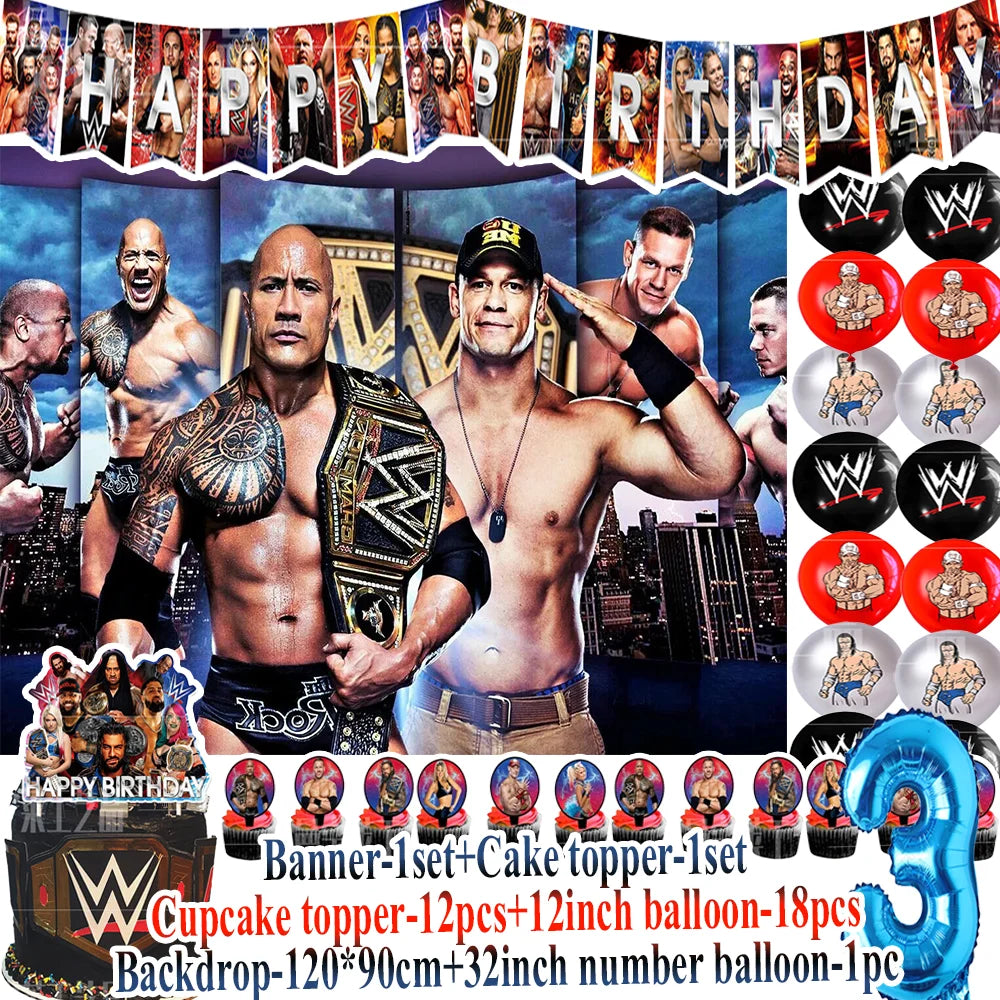 Sport-&Wrestling&Triathlon Boys Birthday Party Supplies Decor Boxing Match Balloon Cake Topper Banner Backdrop Baby Shower Props
