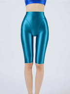 Oil Glossy High-Stretch Knee-Length Shorts Satin Shine Performance Biker Shorts