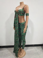 Irregular Single Sleeve Leopard Jumpsuit Green Tight Women Singer Stage Wear Nightclub Party Stage Performance Costume
