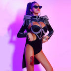 Black Rivet Chain Epaulet Cloak Showgirl Bodysuit Set – Glamour Stage Performance Costume