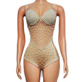 Pearl Encrusted Nude Illusion Bodysuit Sparkly Stage Dance Leotard Costume