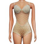 Pearl Encrusted Nude Illusion Bodysuit Sparkly Stage Dance Leotard Costume