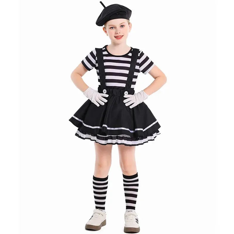 Girls Silent Actor Mime Artist Costume Funny Black White Clown Cosplay Dress for Halloween Carnival Party Outfits - Big Tim's Magic Emporium