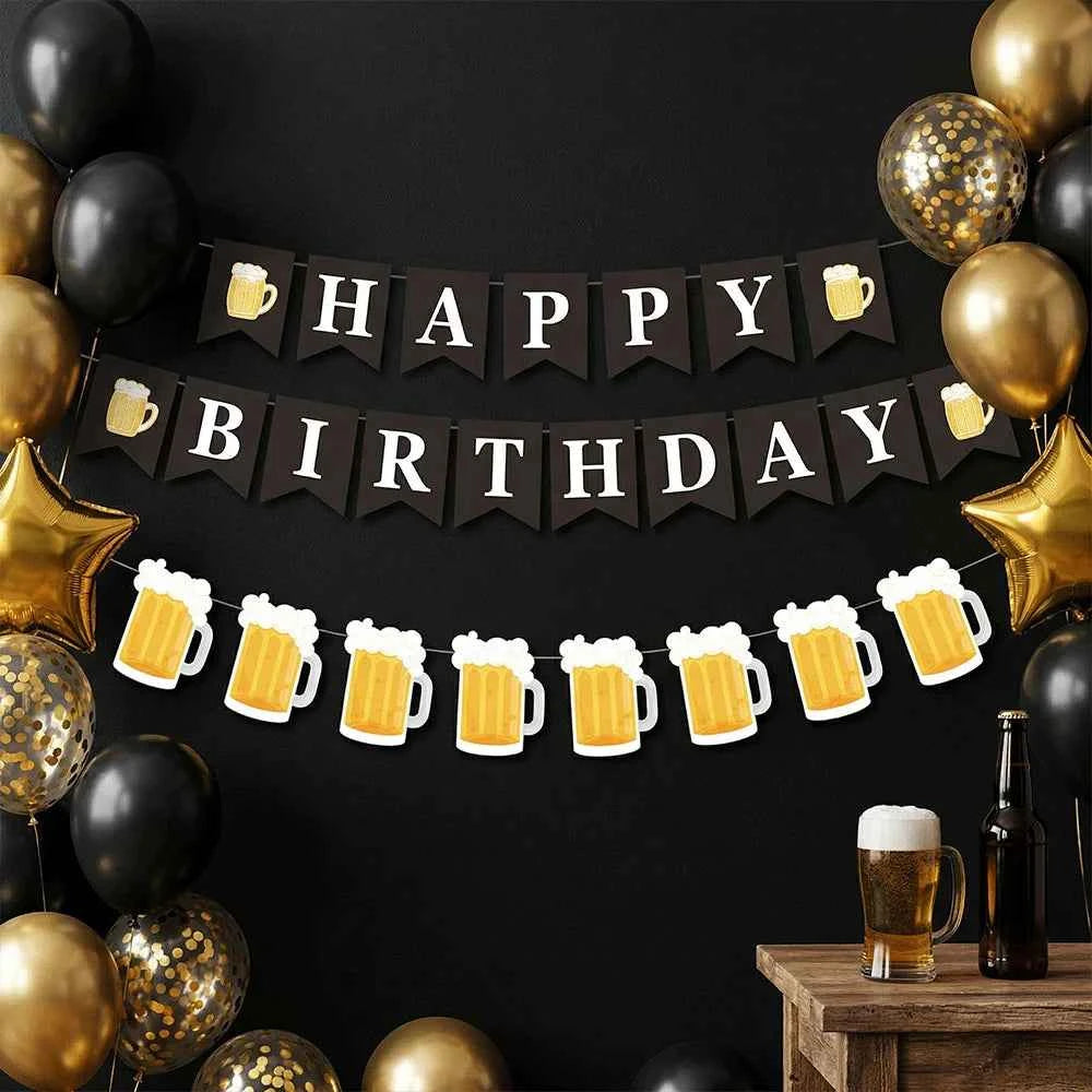 Beer Theme Happy Birthday Banner Adult Mens Party Decorations Cheers Paper Garland Oktoberfest Bunting Bar Pub Event Decor Setup
