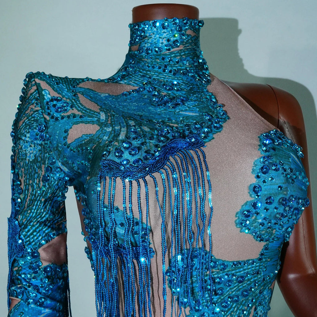 Leopard Sequin Fringe Asymmetrical Bodysuit One-Sleeve Stage Performance Costume