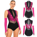 Sparkly Sequin Mock Neck Dance Leotard & Gloves Two-Piece Bodysuit Set