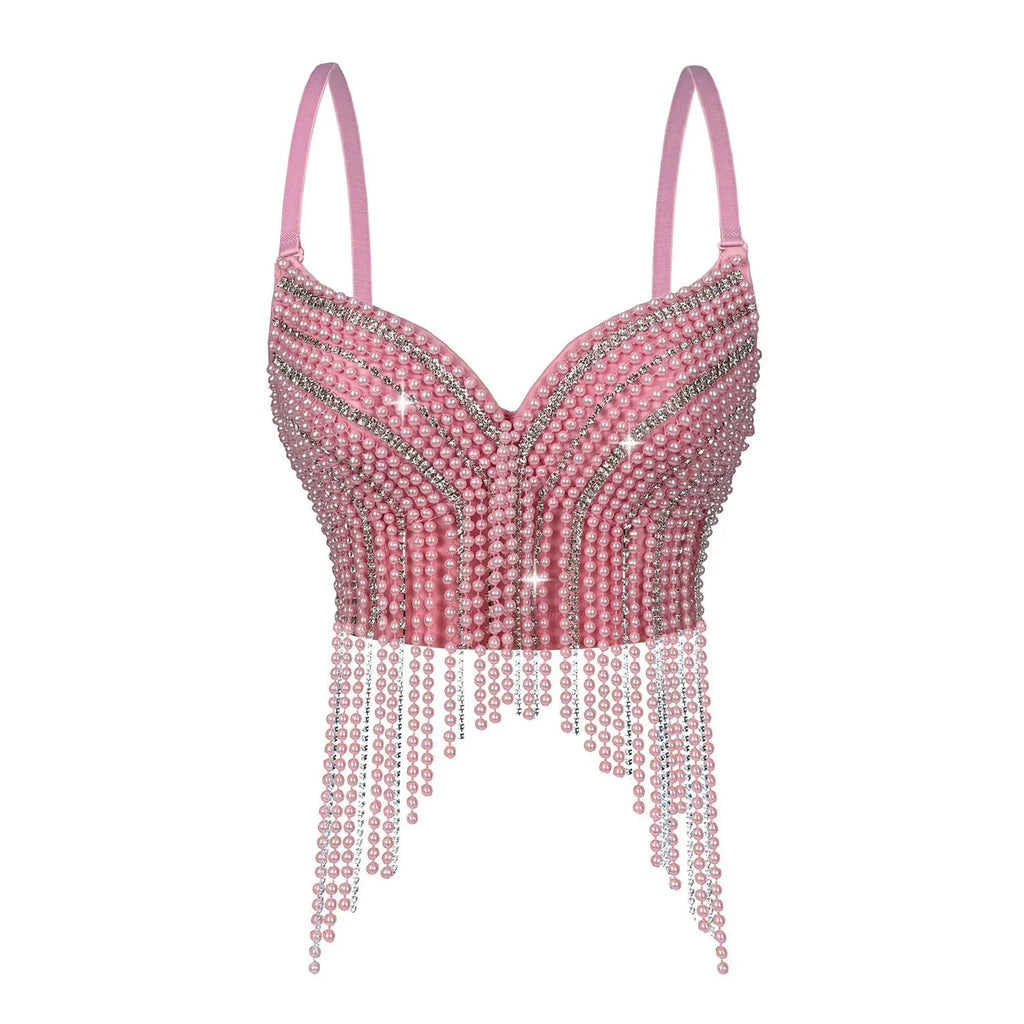 Rhinestone & Bead Tassel Push-Up Underwire Bustier Crop Top