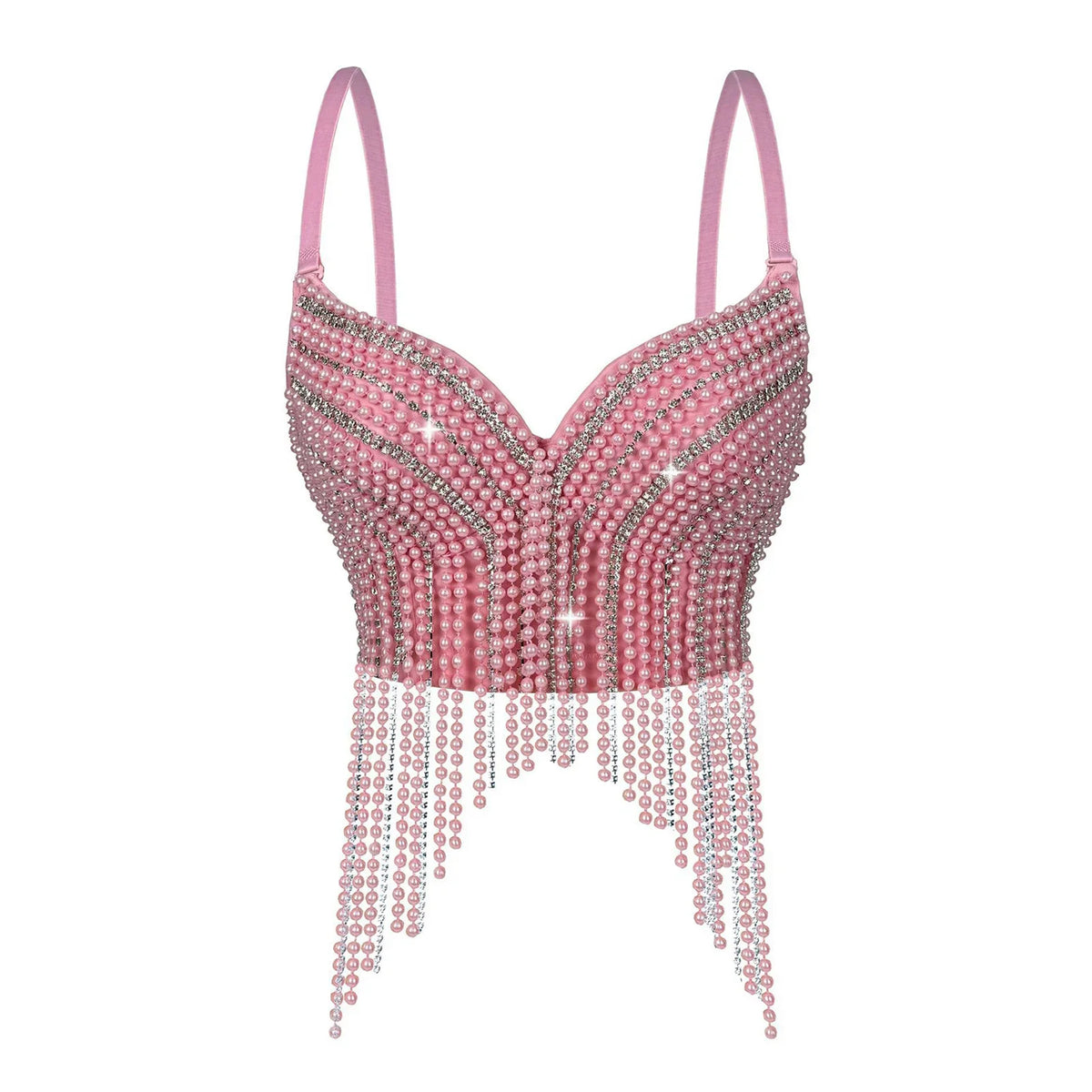 Rhinestone & Bead Tassel Push-Up Underwire Bustier Crop Top