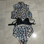 Silver Laser Star Sequin 3-Piece Showgirl Costume Set – Velvet Stage Performance Vest, Bra & Shorts