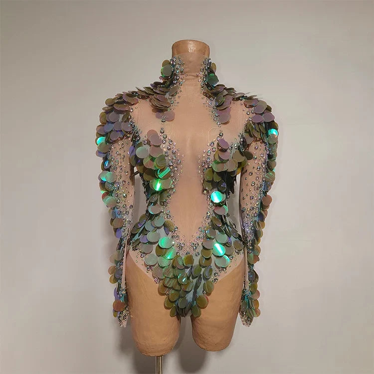 Vintage-Inspired Sequins AB Rhinestones Leotard Costume