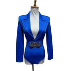 Women's Long Sleeve Blazer Bodysuit with Crystal Belt, V-Neck Zipper Stage & Concert Performance Costume
