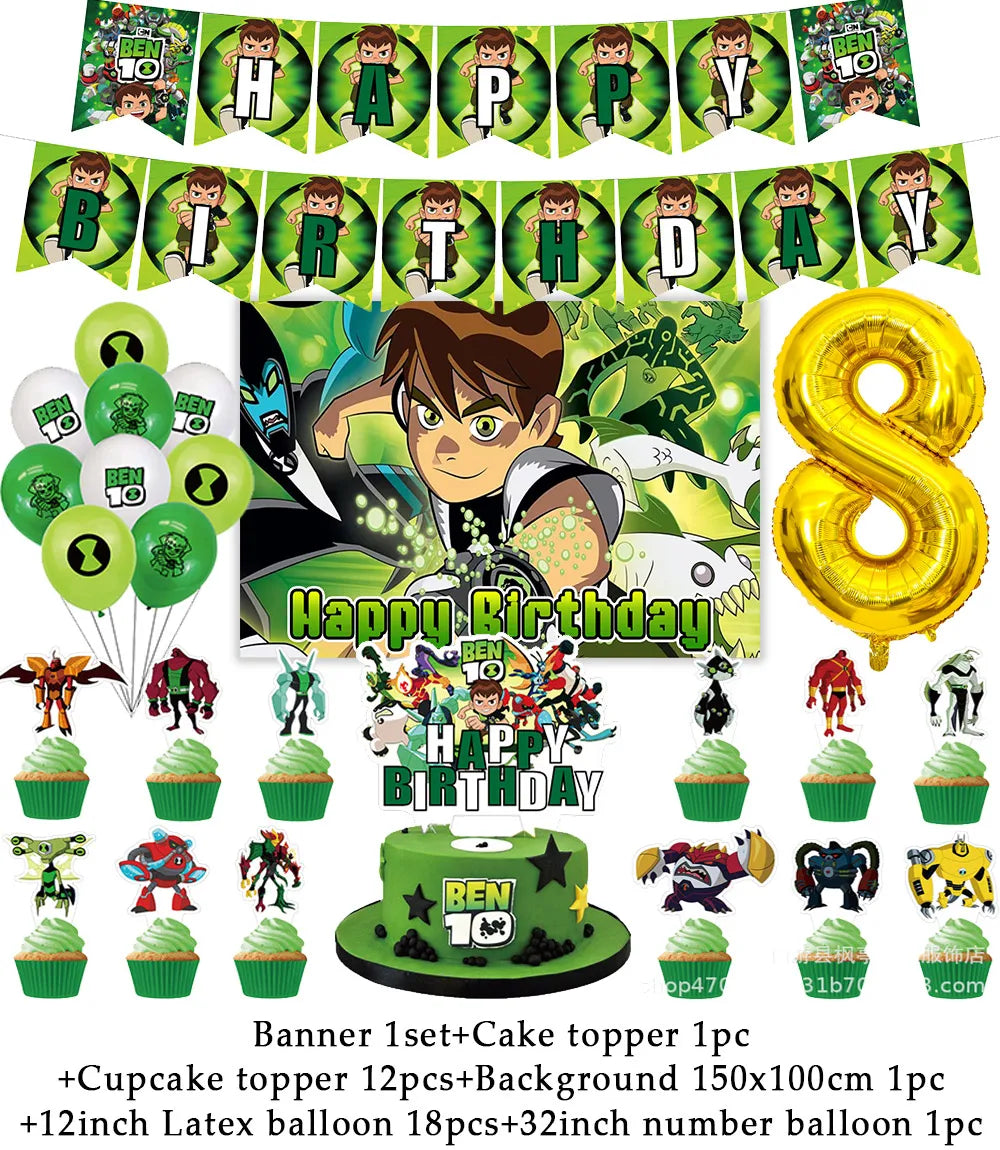 Cartoon Ben-10 Birthday Party Decoration Balloons Favor Set Banner Cake Toppers Baby Shower Boys Gift Party Supplies Photo Prop