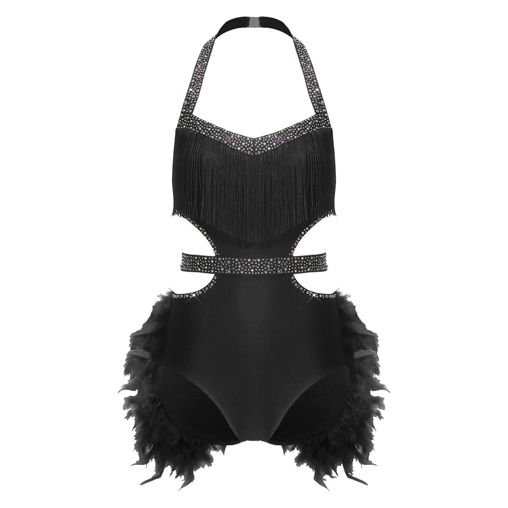 Glittery Rhinestone & Faux Feather Latin Dance Leotard Halter Bodysuit