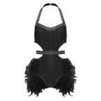 Glittery Rhinestone & Faux Feather Latin Dance Leotard Halter Bodysuit