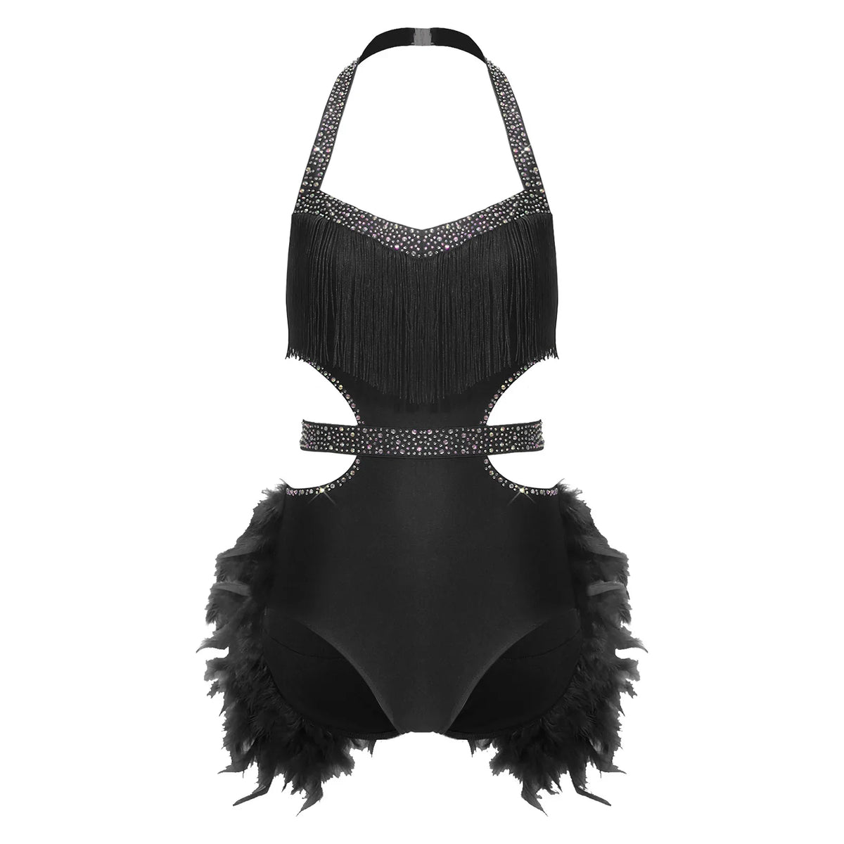 Glittery Rhinestone & Faux Feather Latin Dance Leotard Halter Bodysuit