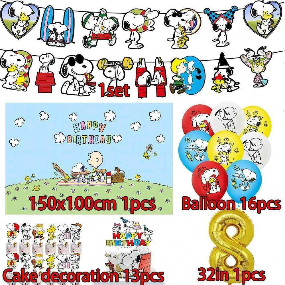Cartoon Snoopys Birthday Decoration Set Banners Cake Toppers Balloons Backdrops Kids Birthday Gifts Baby Shower Party Supplies