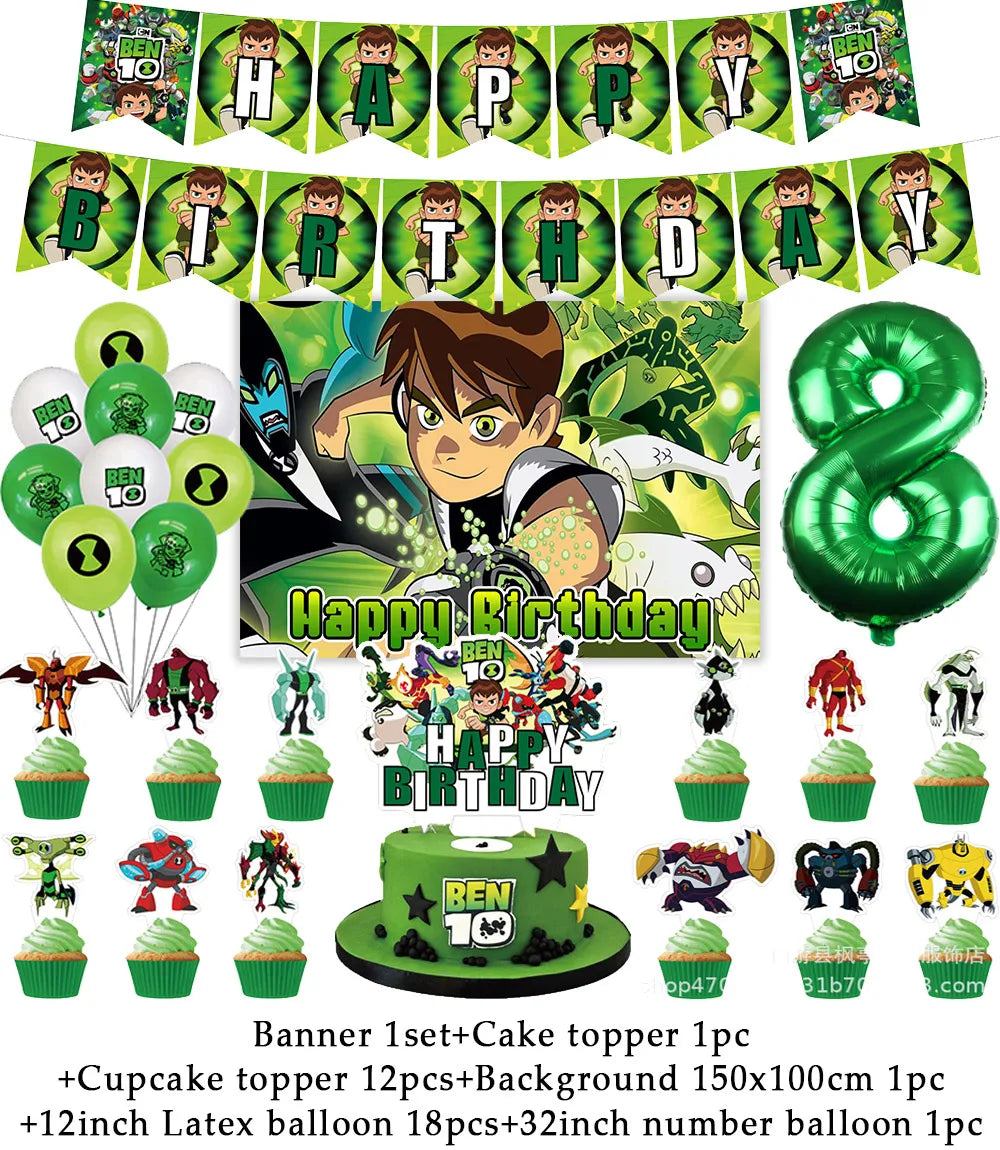 Cartoon Ben-10 Birthday Party Decoration Balloons Favor Set Banner Cake Toppers Baby Shower Boys Gift Party Supplies Photo Prop