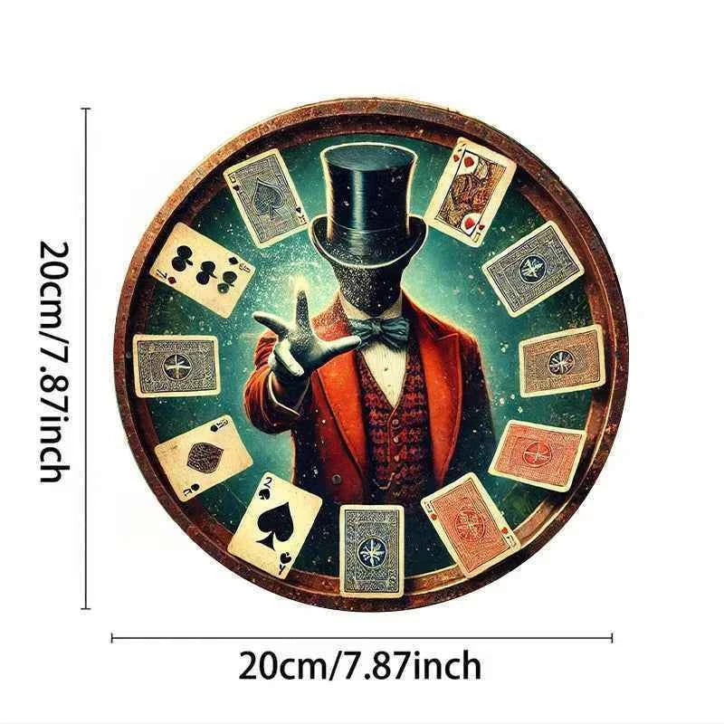 2D Flat, 1pc Vintage Magic Show Metal Wall Plaque - 7.8" Round Aluminum Art with Mysterious Wizard & Playing Cards Design, Durab
