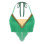 Gold Trim Halter Lace-Up Crop Top & Tiered Tassel Skirt Belly Dance Outfit