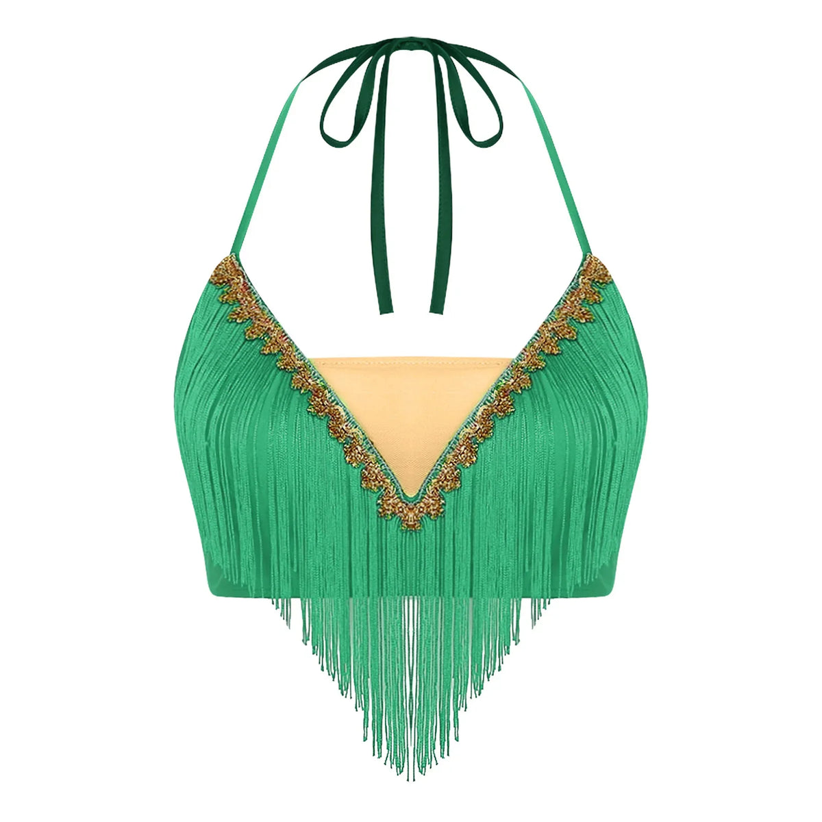 Gold Trim Halter Lace-Up Crop Top & Tiered Tassel Skirt Belly Dance Outfit