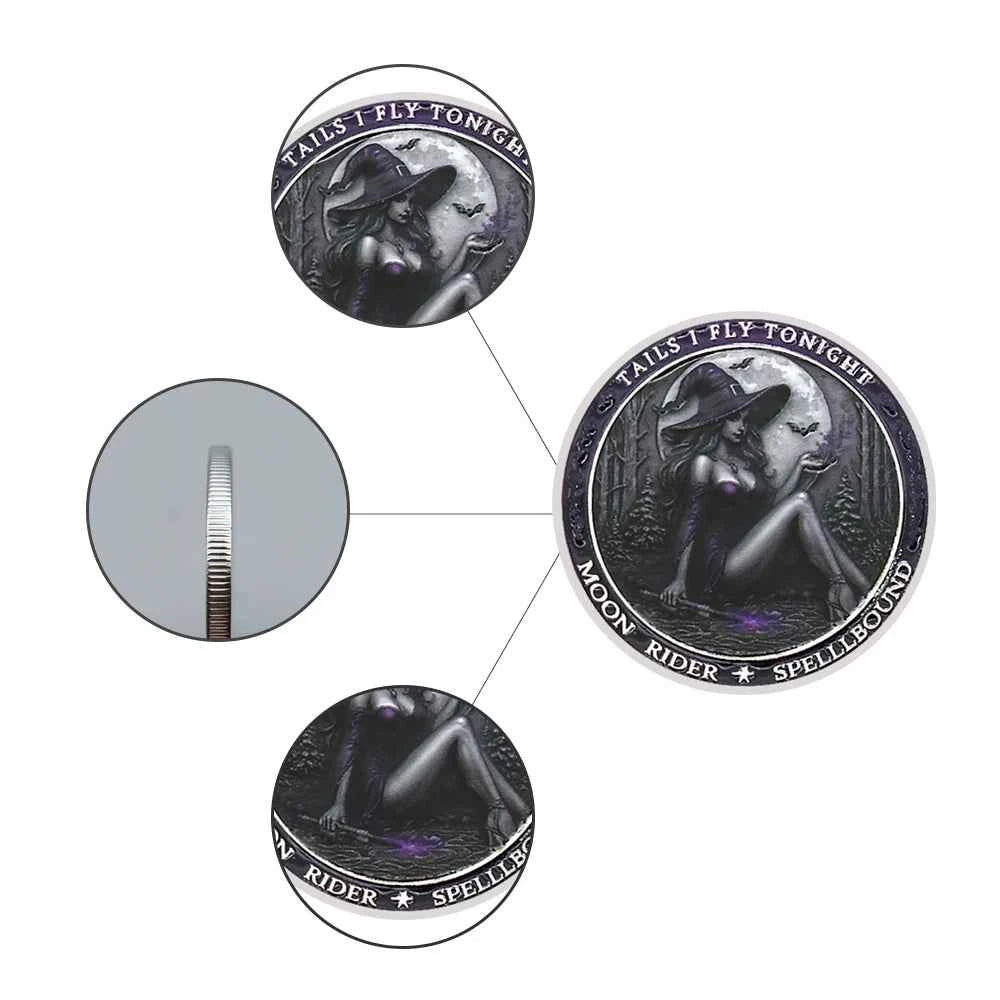 Tails I Fly Tonight" Witch Challenge Coin – Moon Rider Spellbound Collectible, 40mm Fantasy Magic Coin Gift