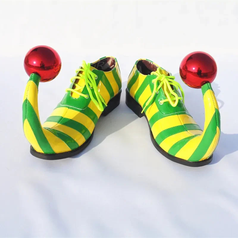 Adults Halloween Clown Cosplay Shoes Funny Circus Club Clown Performance Stripe Clown Shoes With Red Ball Carnival Cosplay Shoes - Big Tim's Magic Emporium