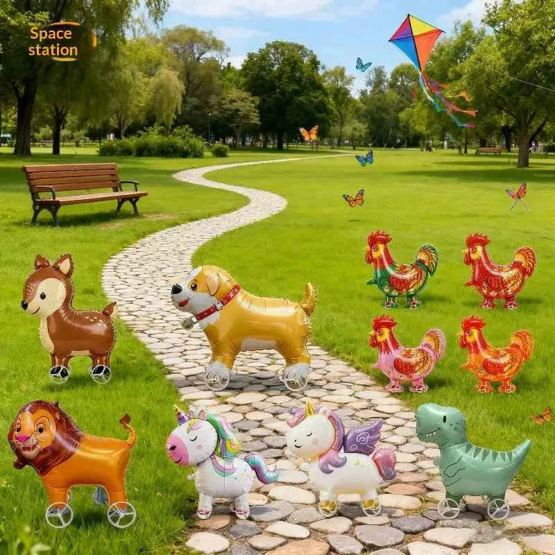 For Kids Birthday Party Decoration Baby Shower 4D Cartoon Foil Balloons Elephant Stand Walking Balloon With Wheel