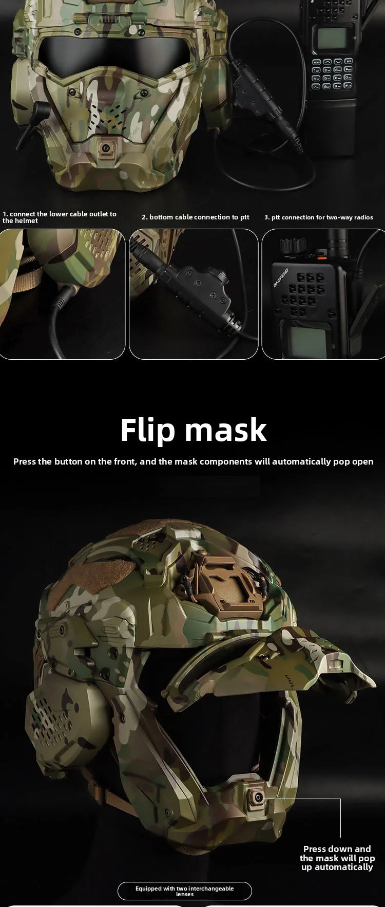 Full Face Helmet with Built-in HD Earphone, Flip-Up Mask & Anti-Fog Fan, Replaceable Lens & NVG Mount for Game/Role-Play/Riding - Big Tim's Magic Emporium