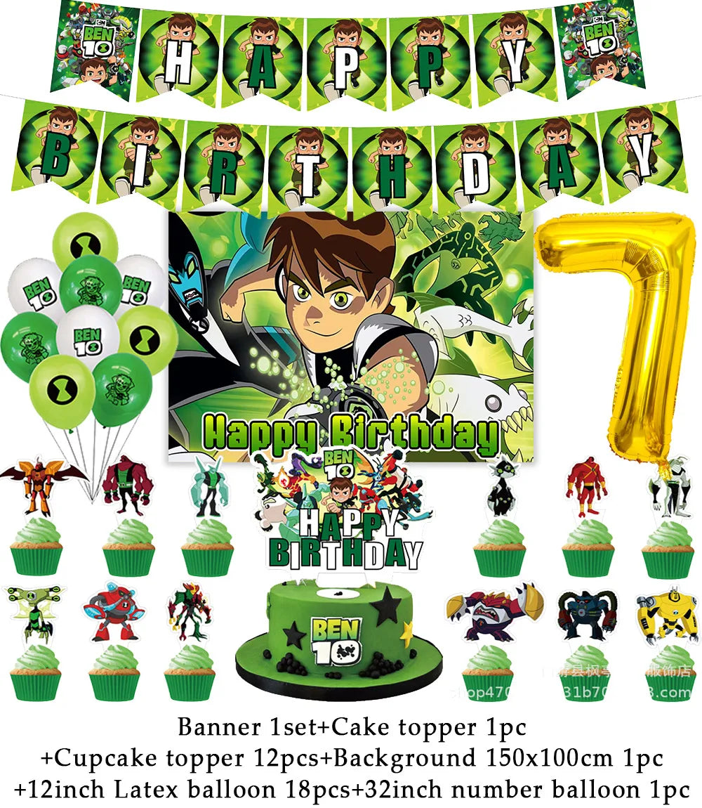 Cartoon Ben-10 Birthday Party Decoration Balloons Favor Set Banner Cake Toppers Baby Shower Boys Gift Party Supplies Photo Prop