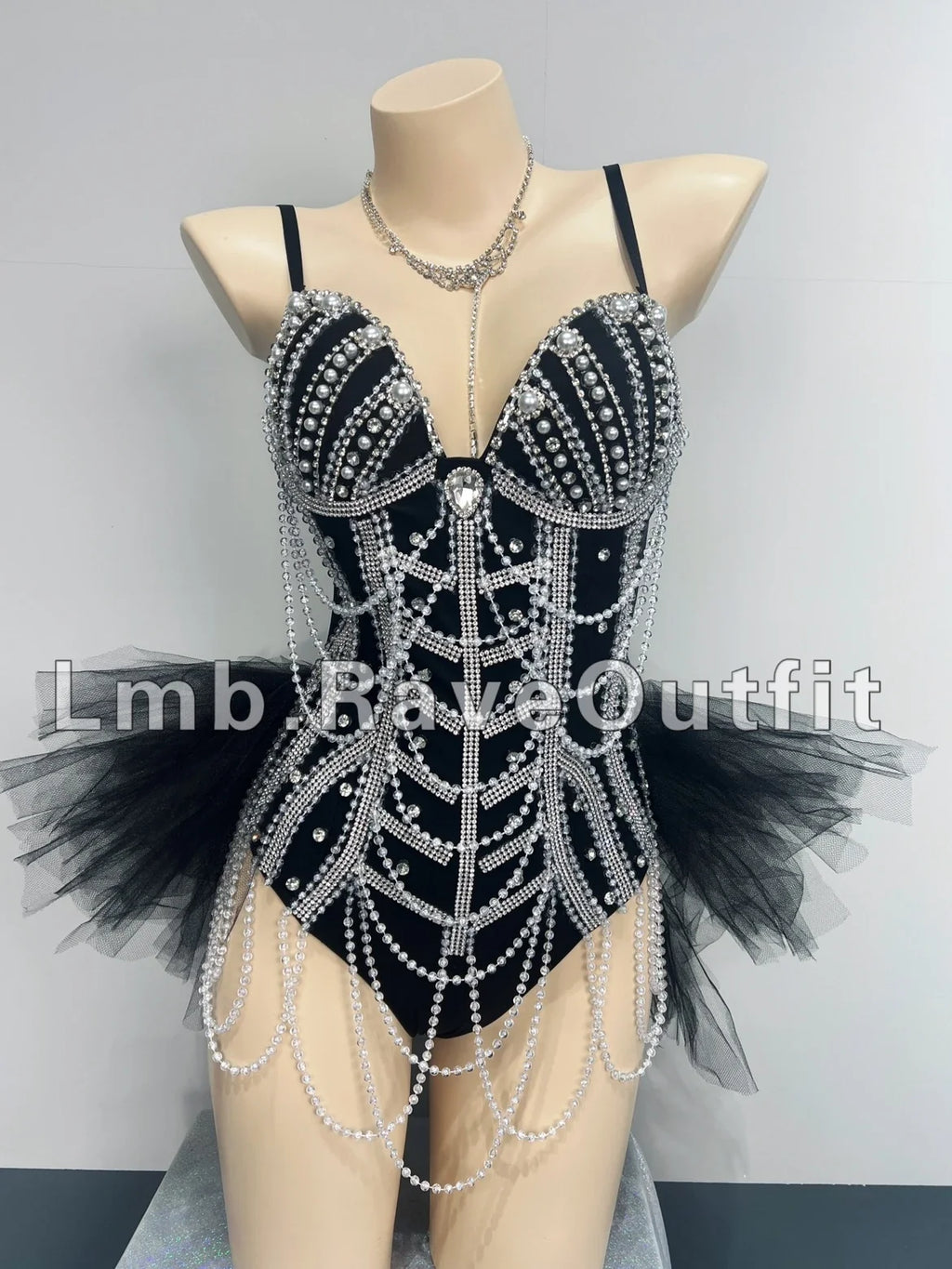 Black Beaded Chain Fringe Showgirl Bodysuit – Glamour Stage & Festival Performance Costume