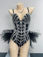 Black Beaded Chain Fringe Showgirl Bodysuit – Glamour Stage & Festival Performance Costume