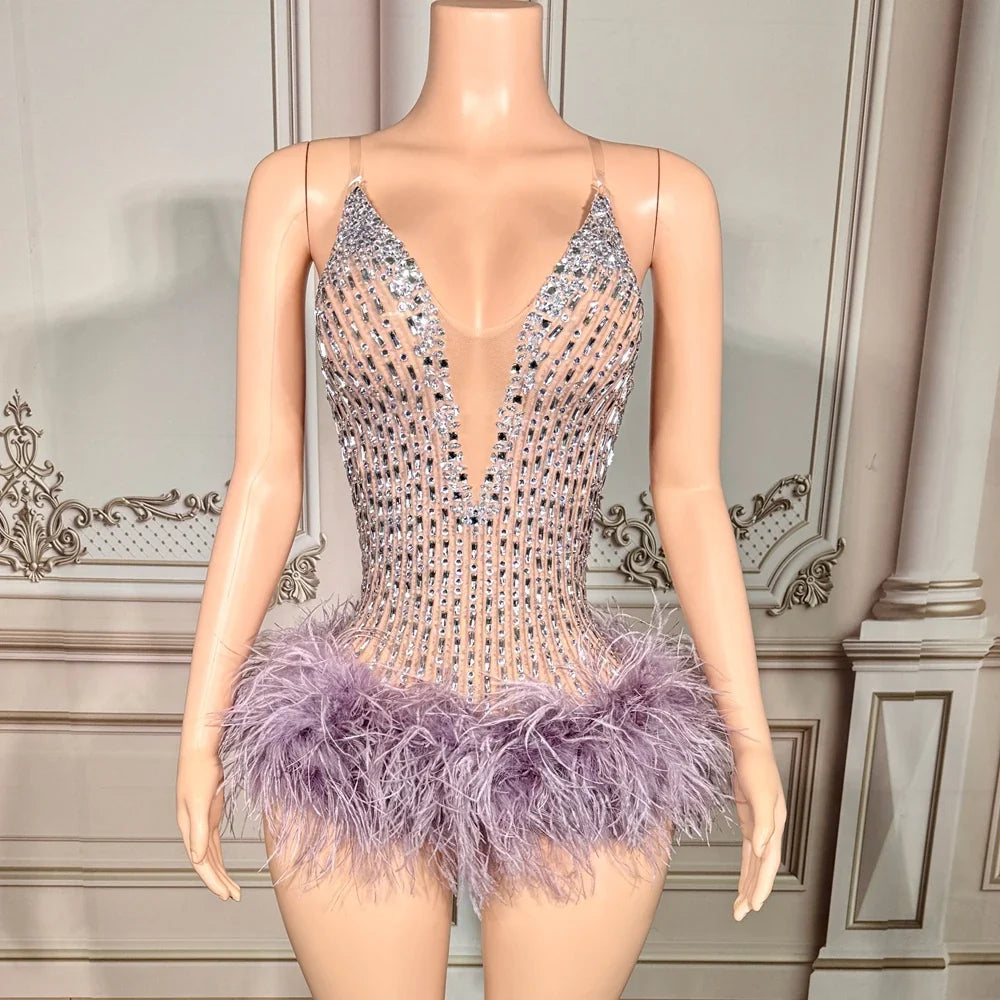 Purple Crystal & Ostrich Feather Illusion Bodysuit Sparkly Stage Dance Leotard