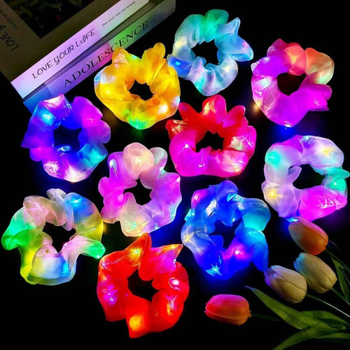 100pcs LED Scrunchies Girl Luminous Flashing Hair Scrunchy Light Up Hairbands Party Favors Glow In The Dark Supplies