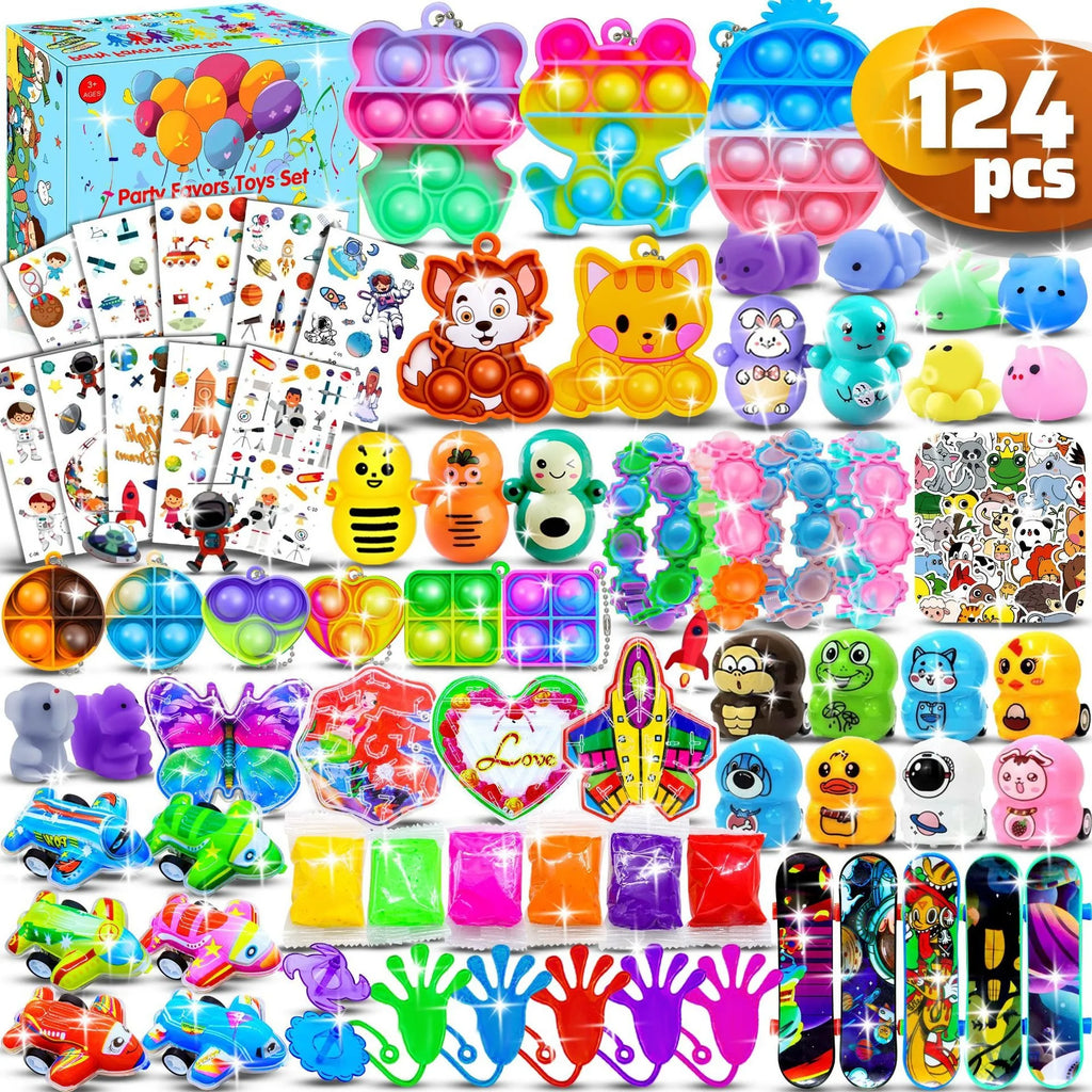 117/124Pc Kids Birthday Party Popular Pinata Stuffed Toy Finger Skateboard Tumbler Fidget Toys Carnival Prize Pinata Filler Gift