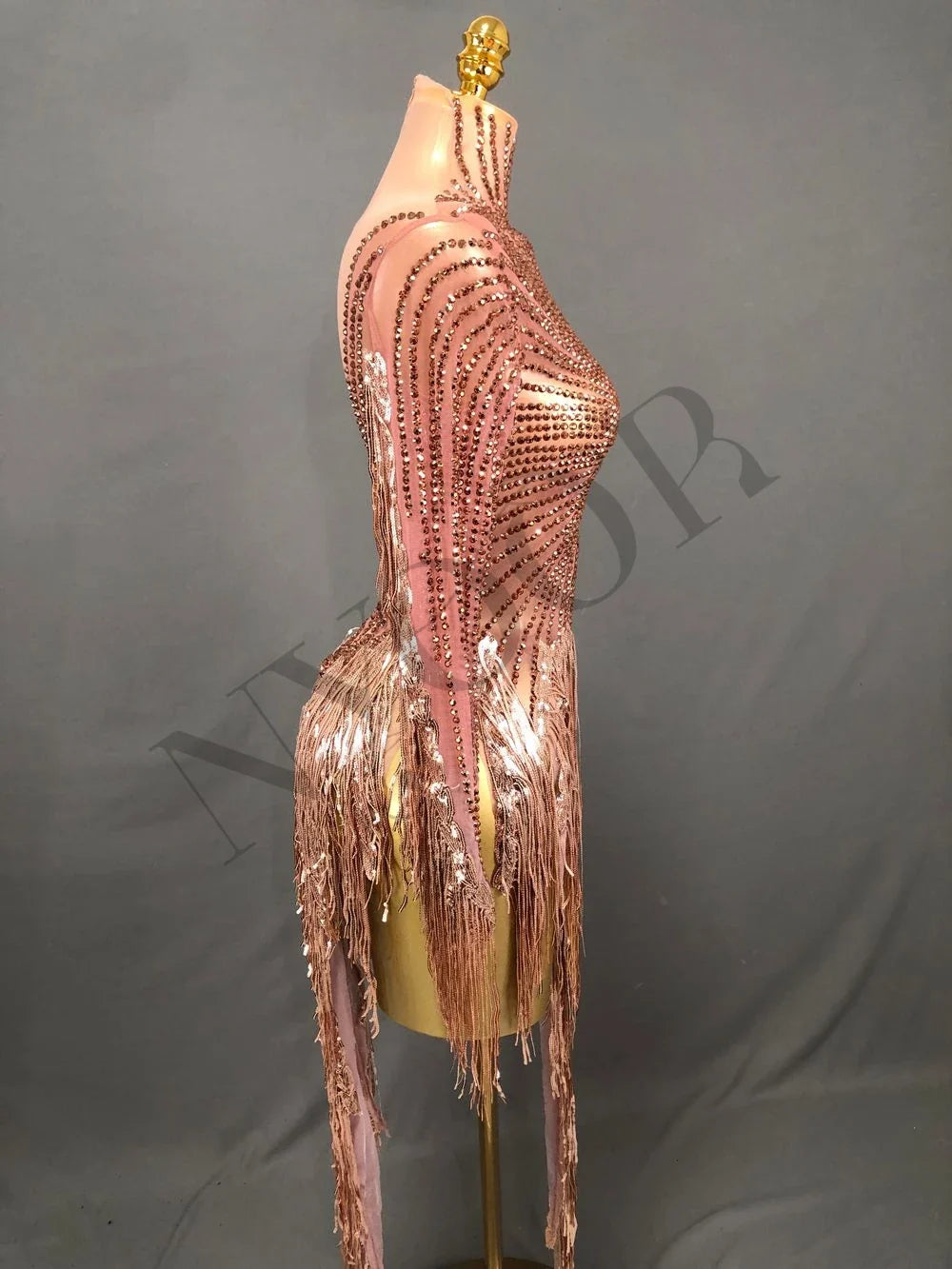 Gold Crystal Fringe Illusion Mini Dress Sparkly Rhinestone Stage Dance Costume