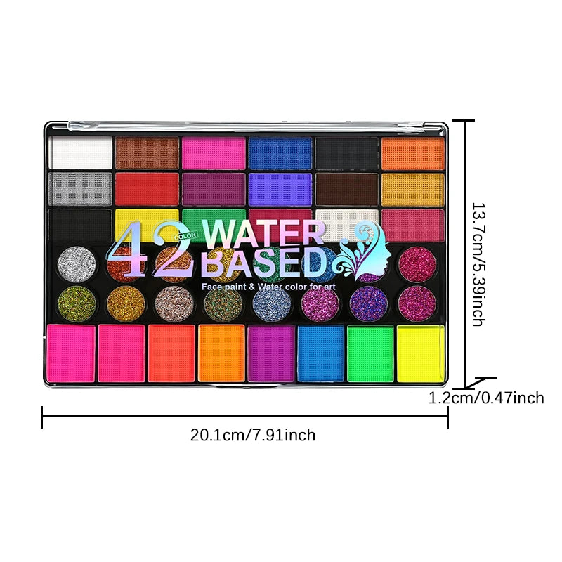 42 Colors Water-Based Face Paint Palette Neon Fluorescent Shades with Glitter Sequins for Art, Festivals, Cosplay Makeup