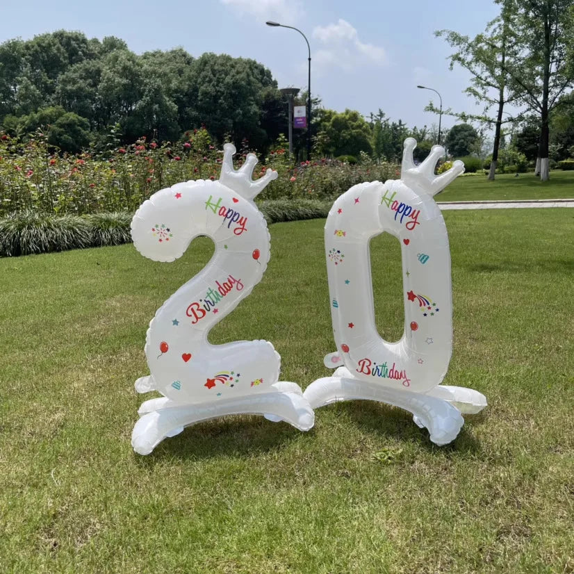 Birthday Digital Balloon White Standing 32 inch Happy Birthday Printed Aluminum Film Birthday Party Crown Balloon