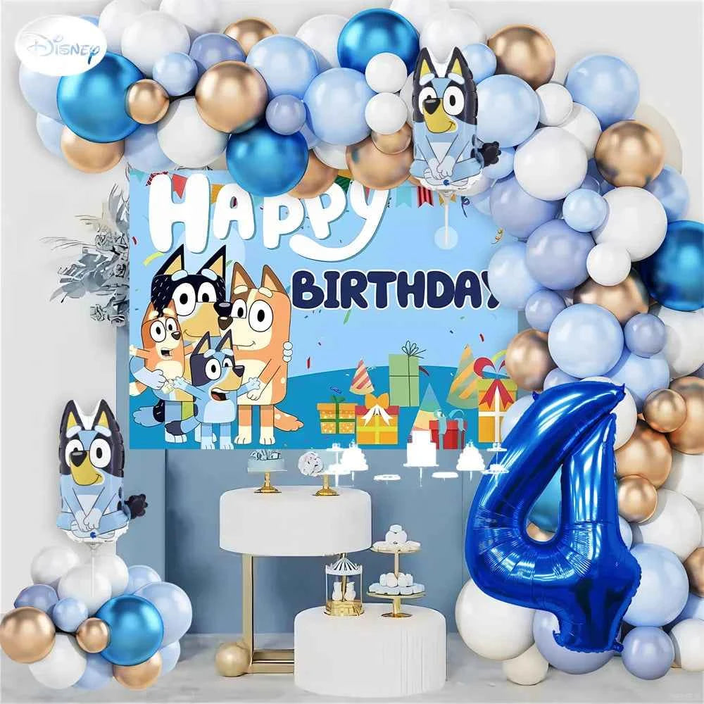 Bluey Birthday Party Decorations Balloon Garland Kit with Bluey Foil Balloons & Happy Birthday Backdrop for Kids Party Supplies