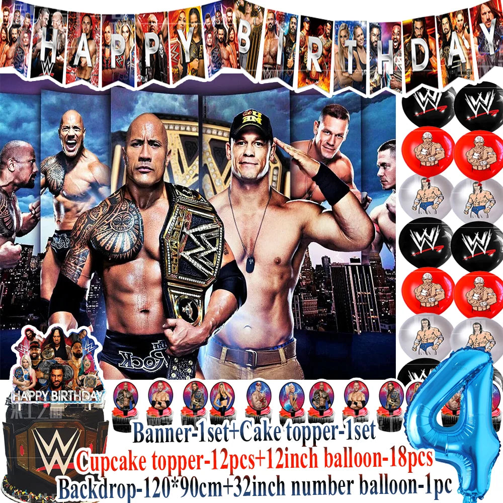 Sport-&Wrestling&Triathlon Boys Birthday Party Supplies Decor Boxing Match Balloon Cake Topper Banner Backdrop Baby Shower Props