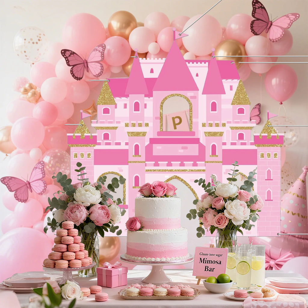 Pink Castle Party Photo Booth Props Princess Photograph Backdrop Pink Royal Castle Birthday Party Supplies Princess Themed Decor - Big Tim's Magic Emporium
