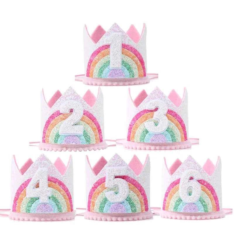 Kids Birthday Party Rainbow Crown Headband 1st 2nd 3rd Birthday Party Photo Props Baby Shower Party Number Hat Unicorn Party