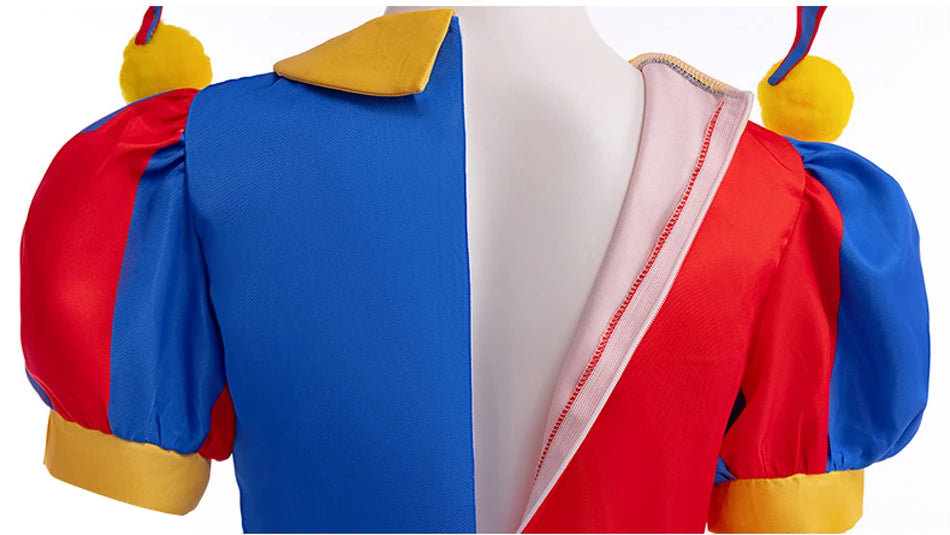 Boys Girls Clown Cosplay Costume Kids Pom Pom Jester Outfit for Halloween Carnival Show - Big Tim's Magic Emporium