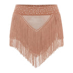 Rhinestone Tassel High-Waist Dance Shorts & Sheer Mesh Fringe Skirt