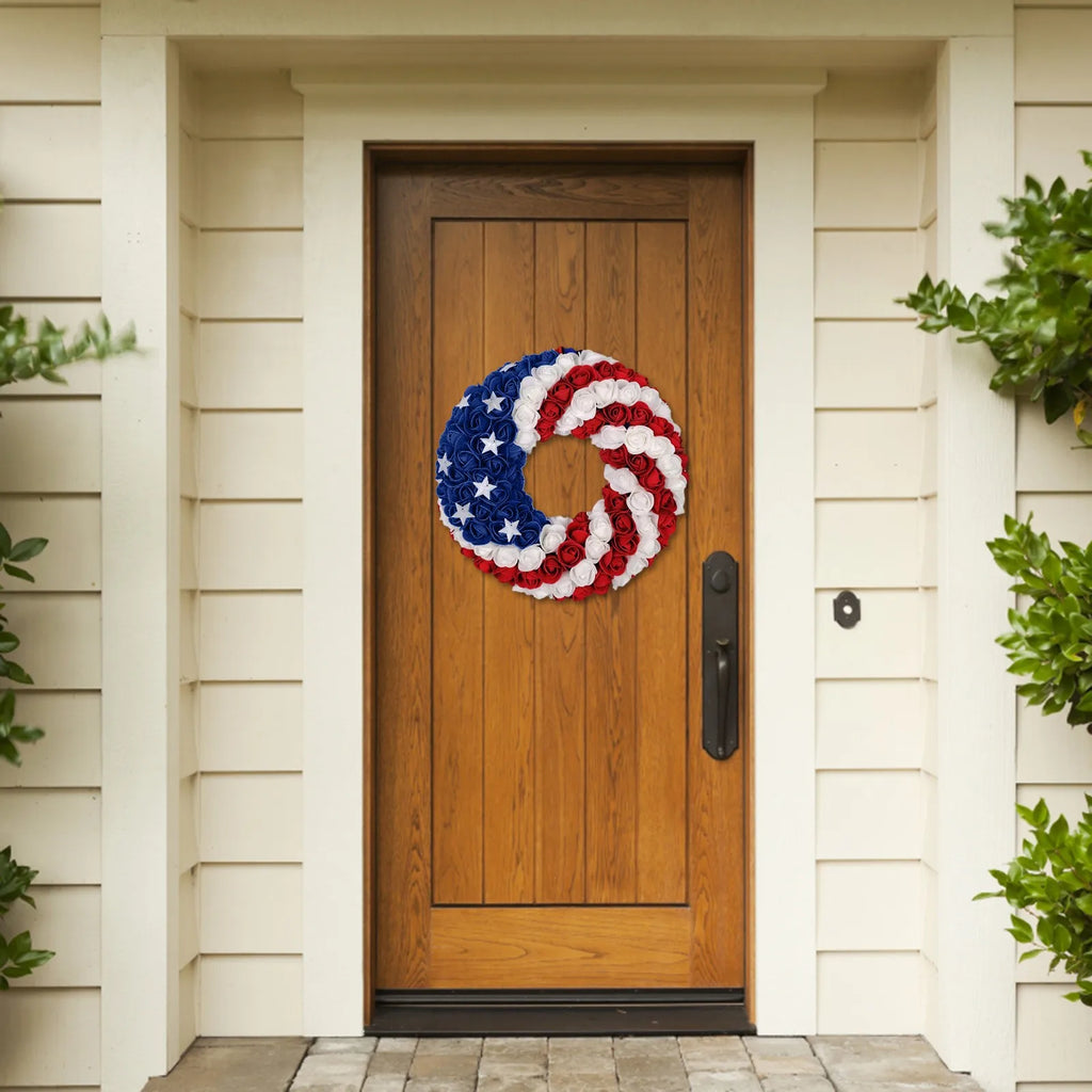 4th Of July Rose Floral Wreath American Flag Star Front Door Garland Independence Day Artificial Flower Hanging Decor Home Porch