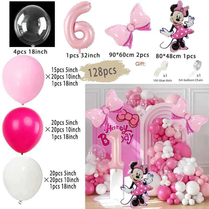 128PCS Minnie Mouse Pink Bow Aluminum Mold Balloon Garland Arch Set Girl Princess Birthday Party Baby Shower Decoration Supplies