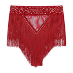 Rhinestone Tassel High-Waist Dance Shorts & Sheer Mesh Fringe Skirt