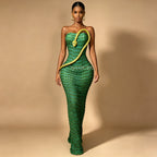 Emerald Snake Rhinestone Illusion Strapless Gown Sculpted Serpent Floor-Length Evening Dress