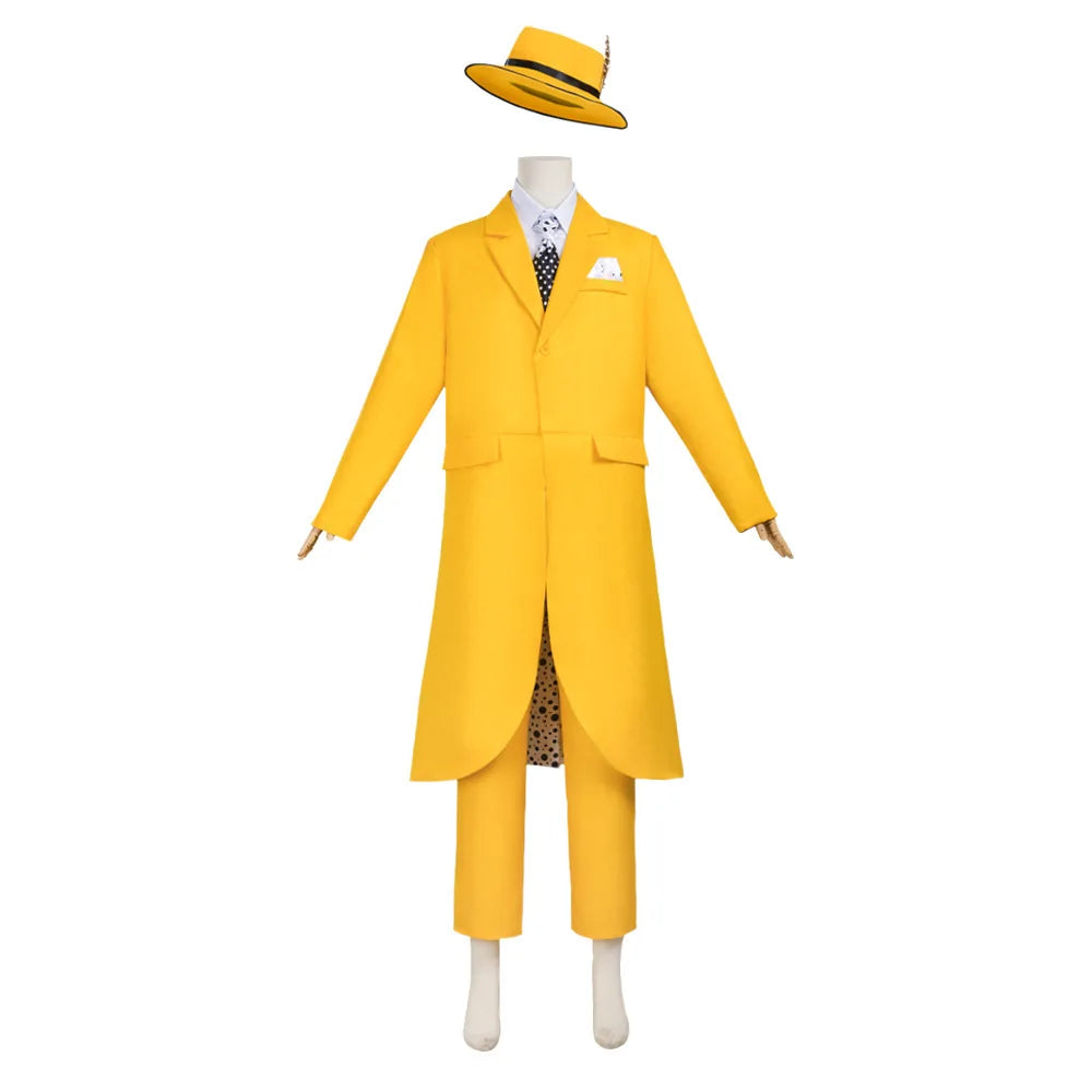 Movie The Mask Cosplay Yellow Uniform with Hat Green Mask Halloween Carnival Party Clown Props Costume - Big Tim's Magic Emporium