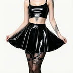 Gothic PU Leather PVC Shiny Flared Pleated Mini A-Line Skirt