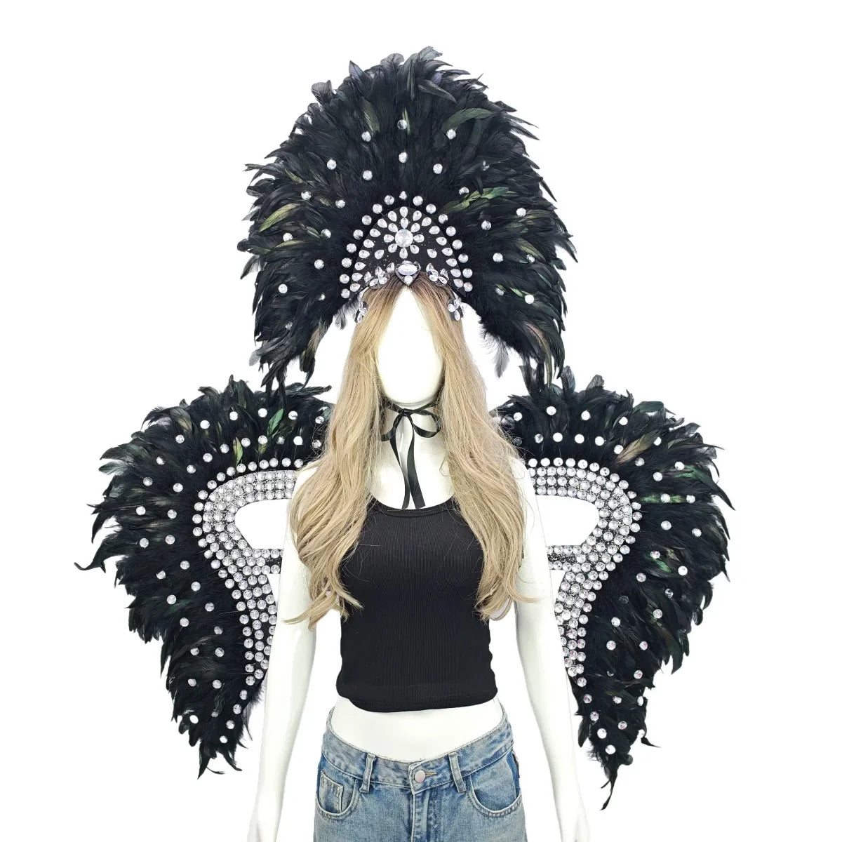 Carnival Elegant Ladies Feather Headdress Wings Two-Piece Role Play Catwalk Halloween Masquerade Carnival Party Suit